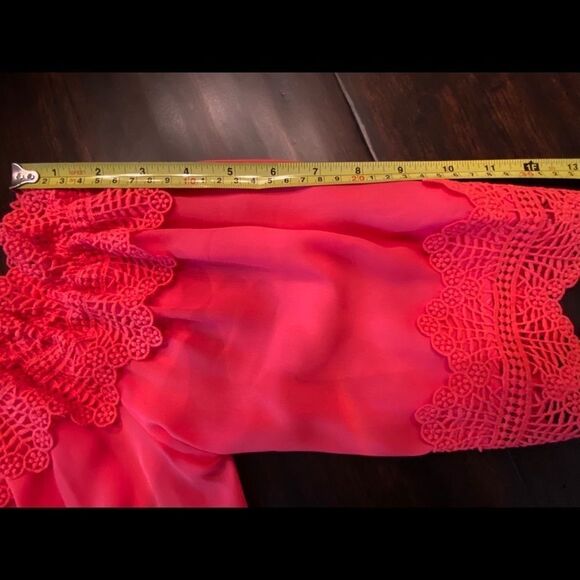 NEW Coral Pink Lace Trim Tie Front Top Blouse - Picture 15 of 15